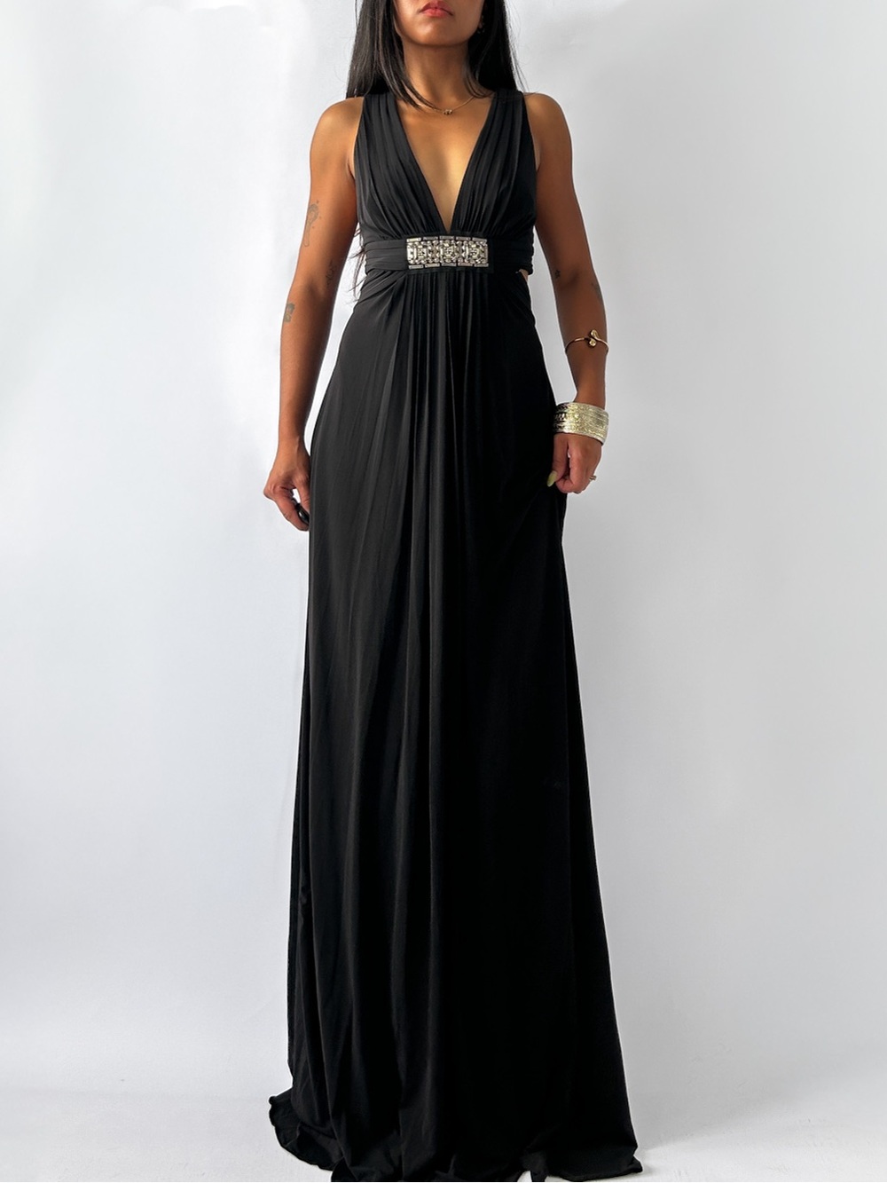 BCBGMaxAzria Backless Maxi Gown with Jeweled Waist
